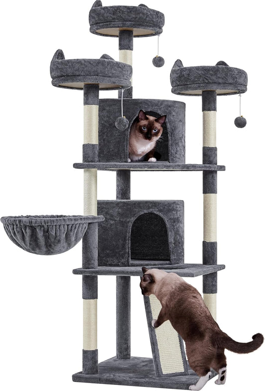 68.5In Multi-Level Large Cat Condo with Sisal-Covered Platforms Scratching Board & Scratching Posts, Cozy Perches, Stable Cat Tower/Tree Pet Play House, Dark Gray